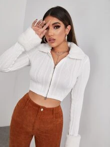 SHEIN Qutie Zipper Fly Cable Knit Crop Jacket - White - View 1