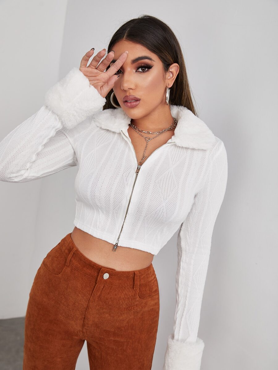 SHEIN Qutie Zipper Fly Cable Knit Crop Jacket - White - View 1