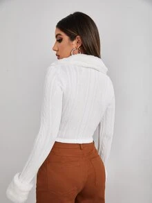 SHEIN Qutie Zipper Fly Cable Knit Crop Jacket - White - View 2