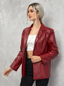 SHEIN Single Breasted PU Leather Blazer - Burgundy - View 3