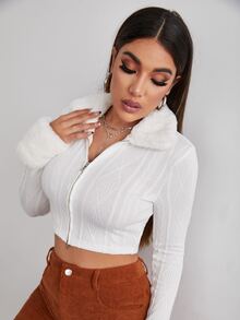 SHEIN Qutie Zipper Fly Cable Knit Crop Jacket - White - View 3