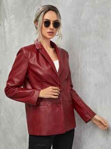 SHEIN Single Breasted PU Leather Blazer - Burgundy - View 4