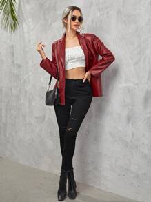 SHEIN Single Breasted PU Leather Blazer - Burgundy - View 5