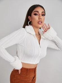 SHEIN Qutie Zipper Fly Cable Knit Crop Jacket - White - View 4