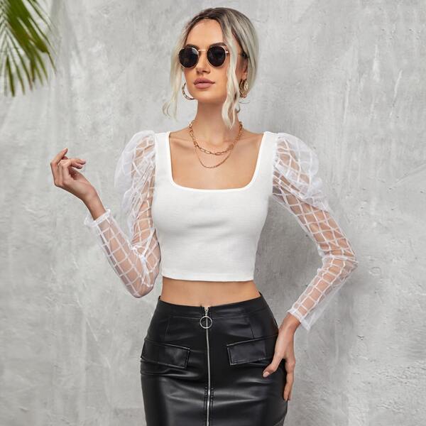 

Contrast Mesh Gigot Sleeve Crop Top, White