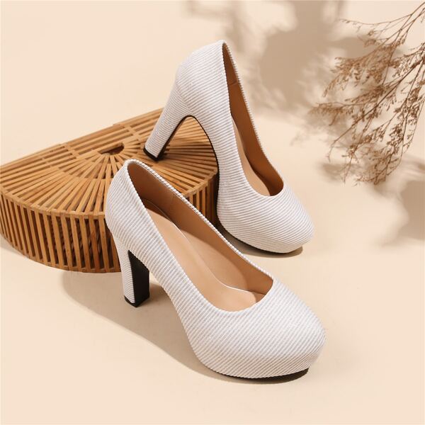 

Knit Detail Chunky Court Pumps, Beige