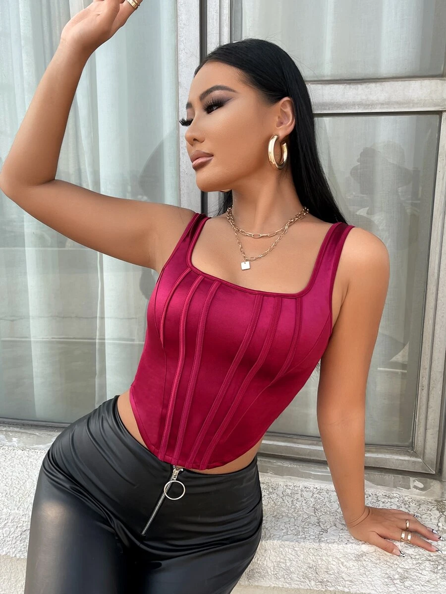 SHEIN SXY Asymmetrical Hem Crop Satin Tank Top - Burgundy - View 1