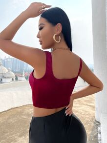 SHEIN SXY Asymmetrical Hem Crop Satin Tank Top - Burgundy - View 2