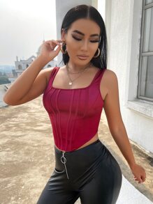 SHEIN SXY Asymmetrical Hem Crop Satin Tank Top - Burgundy - View 3