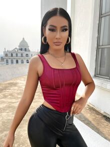 SHEIN SXY Asymmetrical Hem Crop Satin Tank Top - Burgundy - View 4