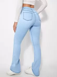 SHEIN EZwear 高腰漂白水洗牛仔喇叭褲 - 淺色水洗藍 - 查看 5