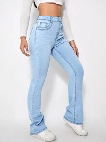SHEIN EZwear 高腰漂白水洗牛仔喇叭褲 - 淺色水洗藍 - 查看 4