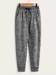 SHEIN Leap Crew Tween Boy Marled Antler Embroidery Drawstring Waist Sweatpants - Grey - View 1