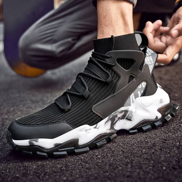 

Men Knit Detail Lace-up Front Chunky Sneakers, Black