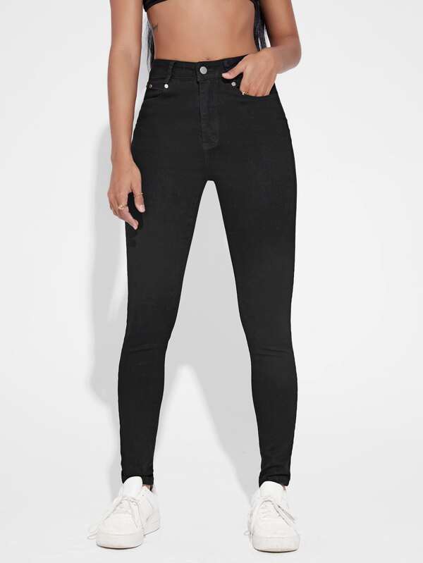 SHEIN Essnce Jeansy Damskie Guziki Kieszeń Suwak Równy