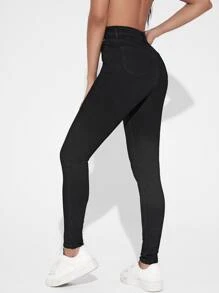 SHEIN Essnce High Waisted Zip Up Skinny Jeans - Black - View 2