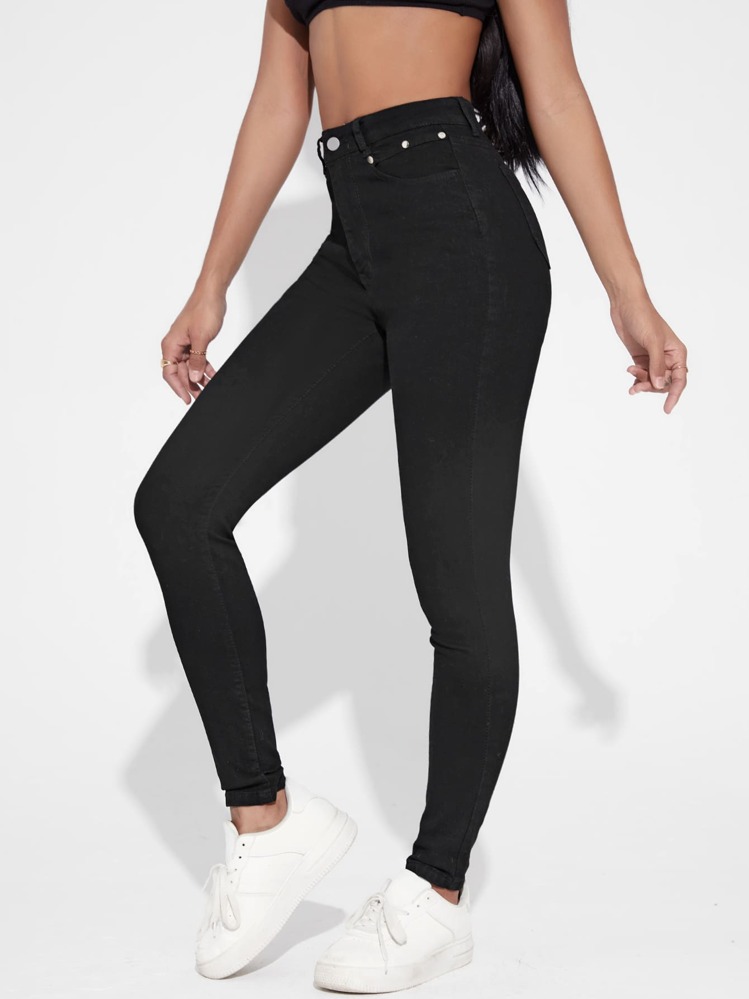 SHEIN Essnce High Waisted Zip Up Skinny Jeans - Black - View 3