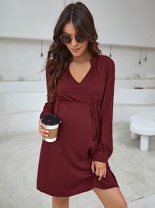 SHEIN 孕婦側繫帶燈籠袖連衣裙 - 酒紅色 - 查看 1