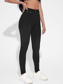 SHEIN Essnce High Waisted Zip Up Skinny Jeans - Black - View 4