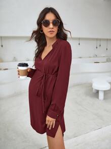 SHEIN 孕婦側繫帶燈籠袖連衣裙 - 酒紅色 - 查看 3