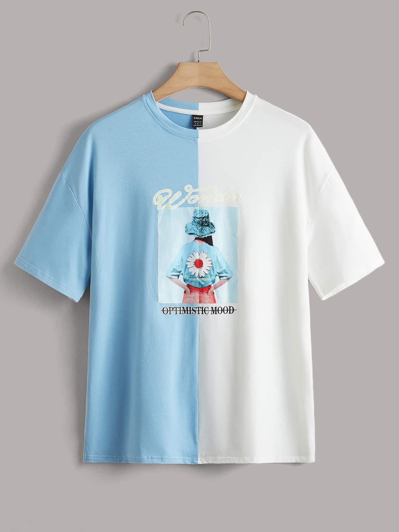 SHEIN Camiseta de dos tonos & con estampado de figura - Azul y blanco - Ver 1