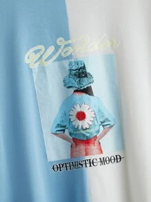 SHEIN Camiseta de dos tonos & con estampado de figura - Azul y blanco - Ver 4