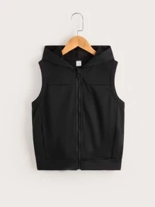 SHEIN 男孩拉鏈開襟無袖連帽衫 - 黑色 - 查看 1