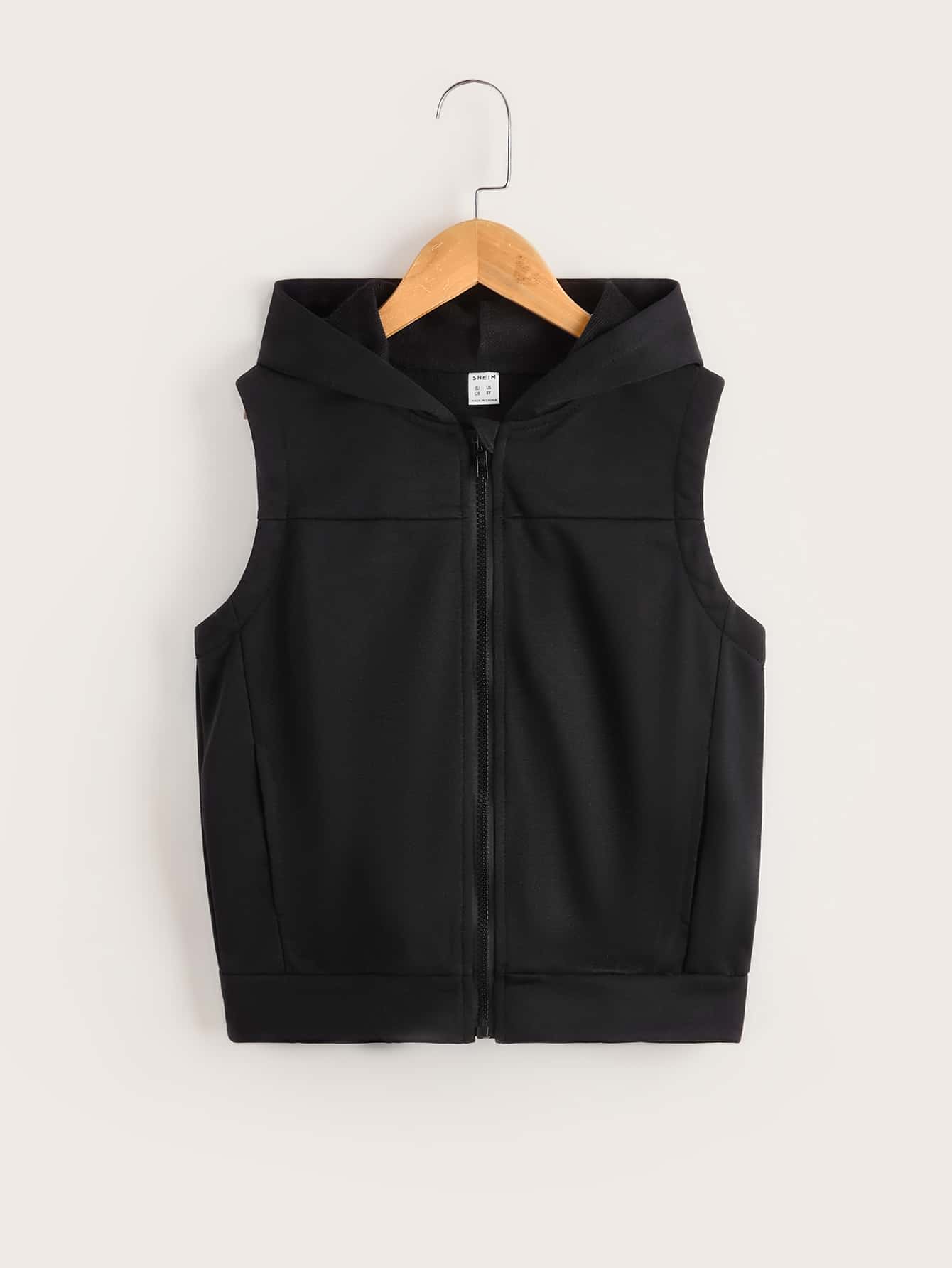SHEIN 男孩拉鏈開襟無袖連帽衫 - 黑色 - 查看 1