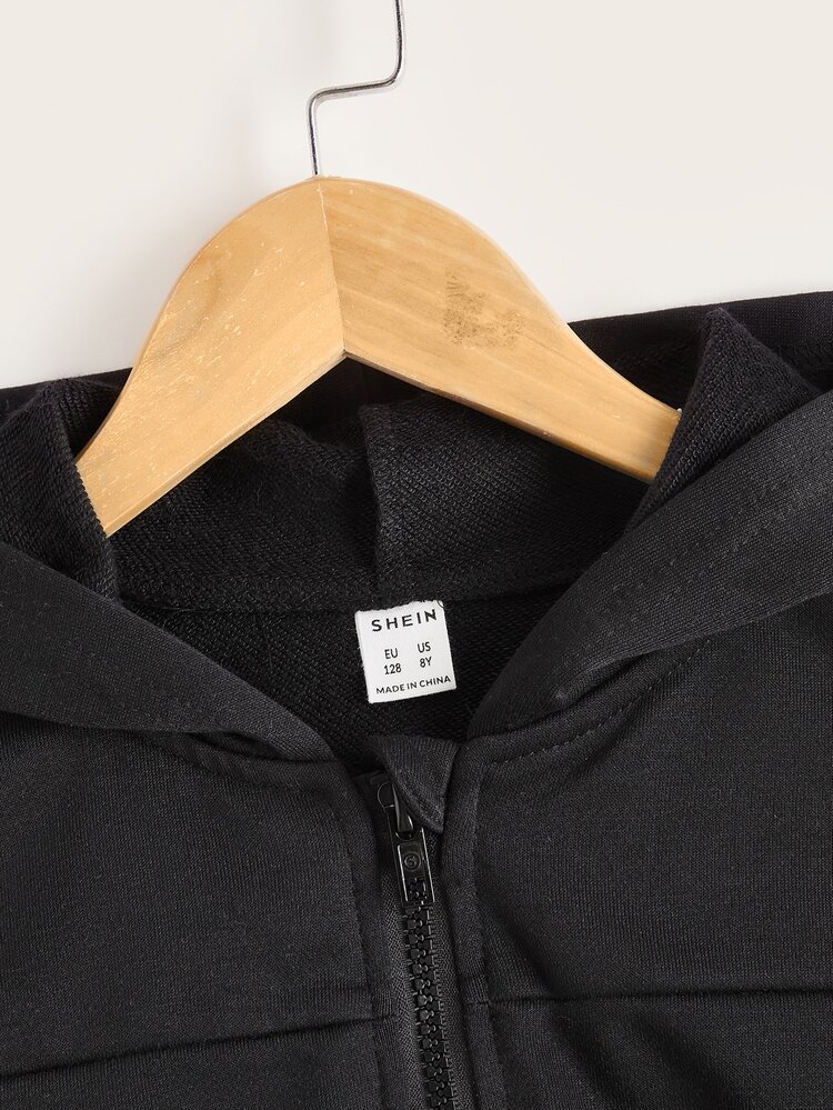 SHEIN 男孩拉鏈開襟無袖連帽衫 - 黑色 - 查看 4