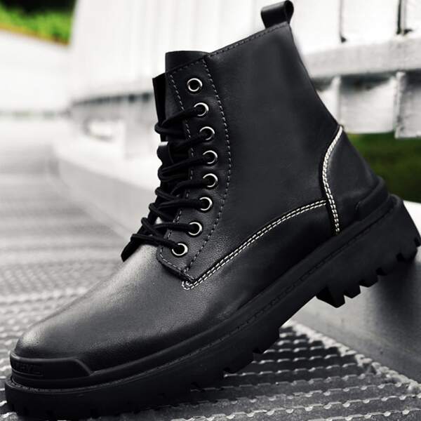 

Men Minimalist Lace-up Front Combat Boots, Black