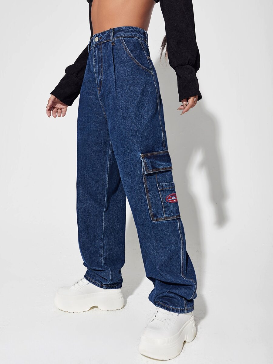 SHEIN ICON Patched Detail Flap Pocket Wide Leg Jeans - Dark Wash - View 1