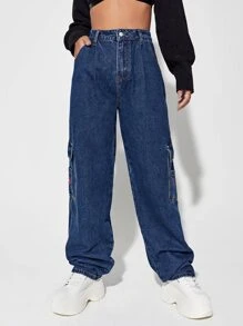 SHEIN ICON Patched Detail Flap Pocket Wide Leg Jeans - Dark Wash - View 2