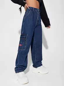 SHEIN ICON Patched Detail Flap Pocket Wide Leg Jeans - Dark Wash - View 3