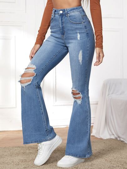 High Waist Ripped Flared Leg Jeans