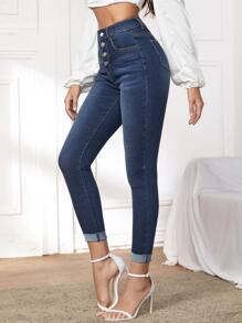 SHEIN Essnce Women Jeans Tombol Kantong Plain - Dark Wash - View 3