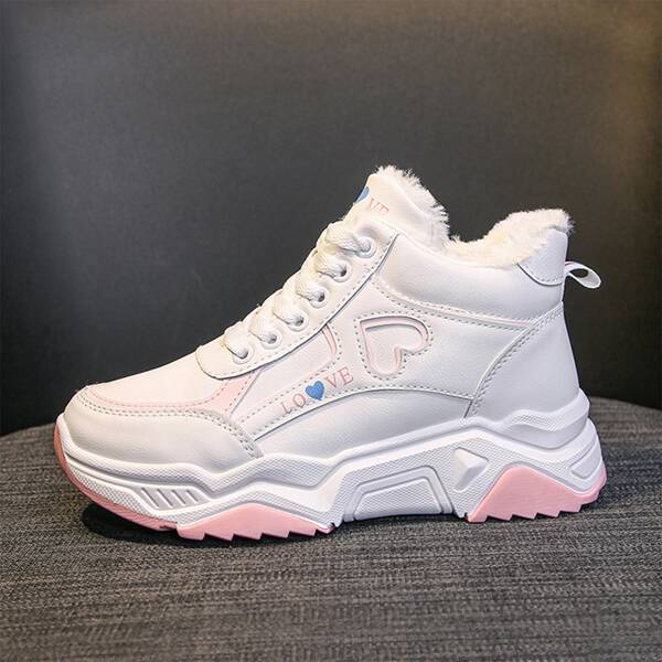 

Colorblock Lace-up Front Letter Detail Plush Inside Chunky Sneakers, White