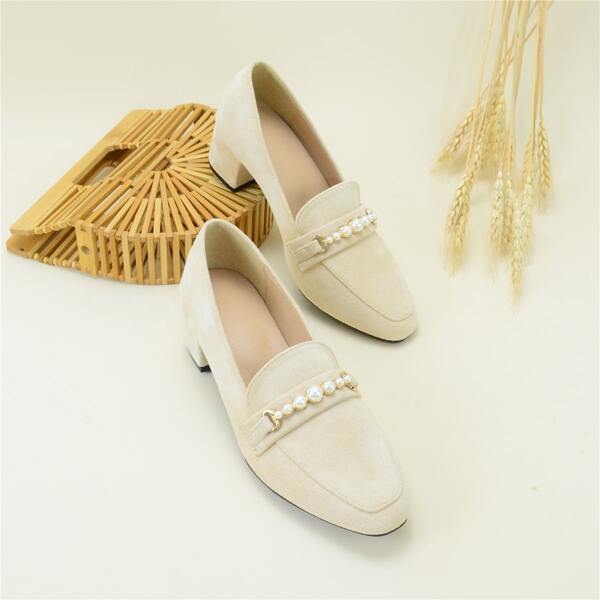 

Faux Pearl Decor Square Toe Chunky Loafers, Apricot