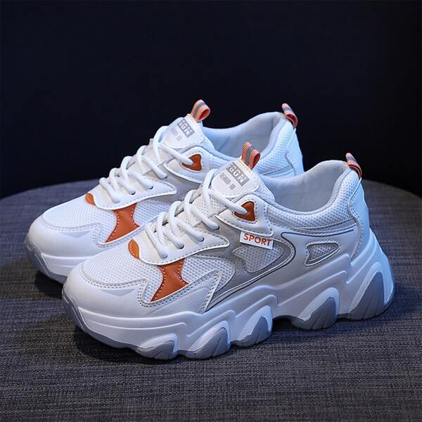 

Colorblock Lace-up Front Mesh Panel Chunky Sneakers, White