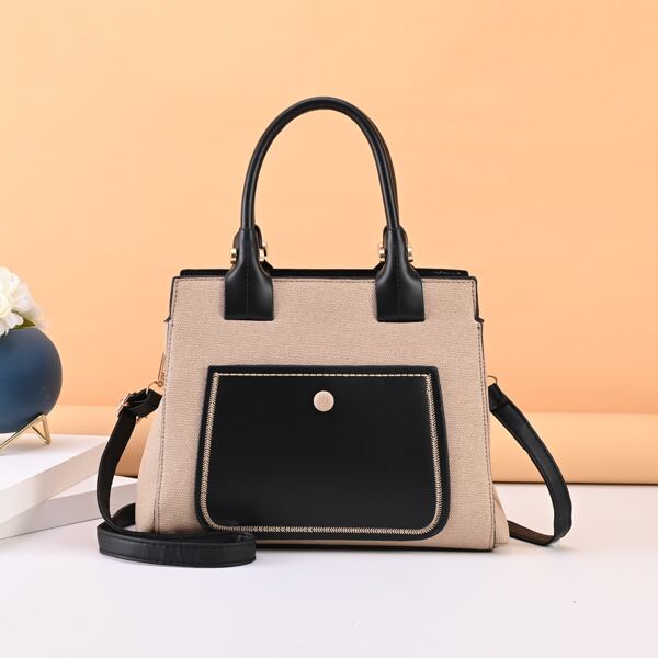 

Two Tone Shoulder Tote Bag, Khaki