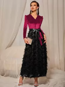 Vestido línea A de terciopelo con cinturón de peluche - Multicolor - Ver 1