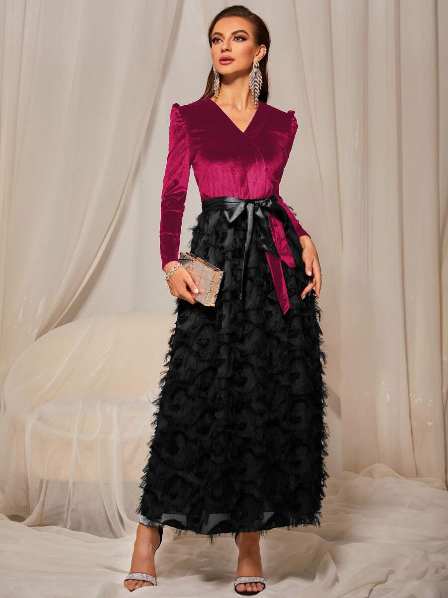 Vestido línea A de terciopelo con cinturón de peluche - Multicolor - Ver 1