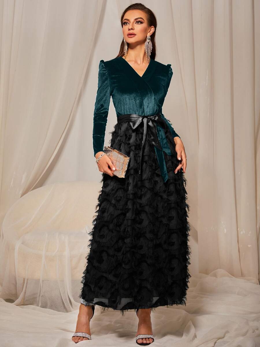 Velvet Belted Fuzzy A-line Dress - Multicolor - View 1