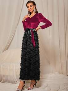 Vestido línea A de terciopelo con cinturón de peluche - Multicolor - Ver 3