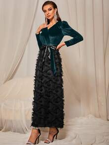 Velvet Belted Fuzzy A-line Dress - Multicolor - View 3