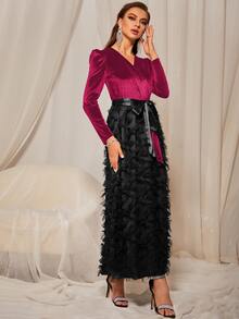 Vestido línea A de terciopelo con cinturón de peluche - Multicolor - Ver 4