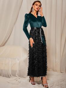 Velvet Belted Fuzzy A-line Dress - Multicolor - View 4