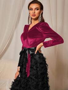 Vestido línea A de terciopelo con cinturón de peluche - Multicolor - Ver 5