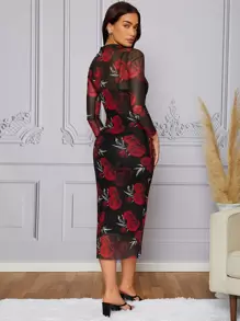 Modelyn Floral Print Mesh Bodycon Dress With Lined