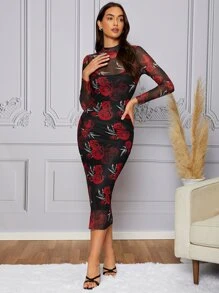 Modelyn Floral Print Mesh Bodycon Dress With Lined