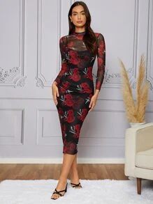 Modelyn Floral Print Mesh Bodycon Dress With Lined